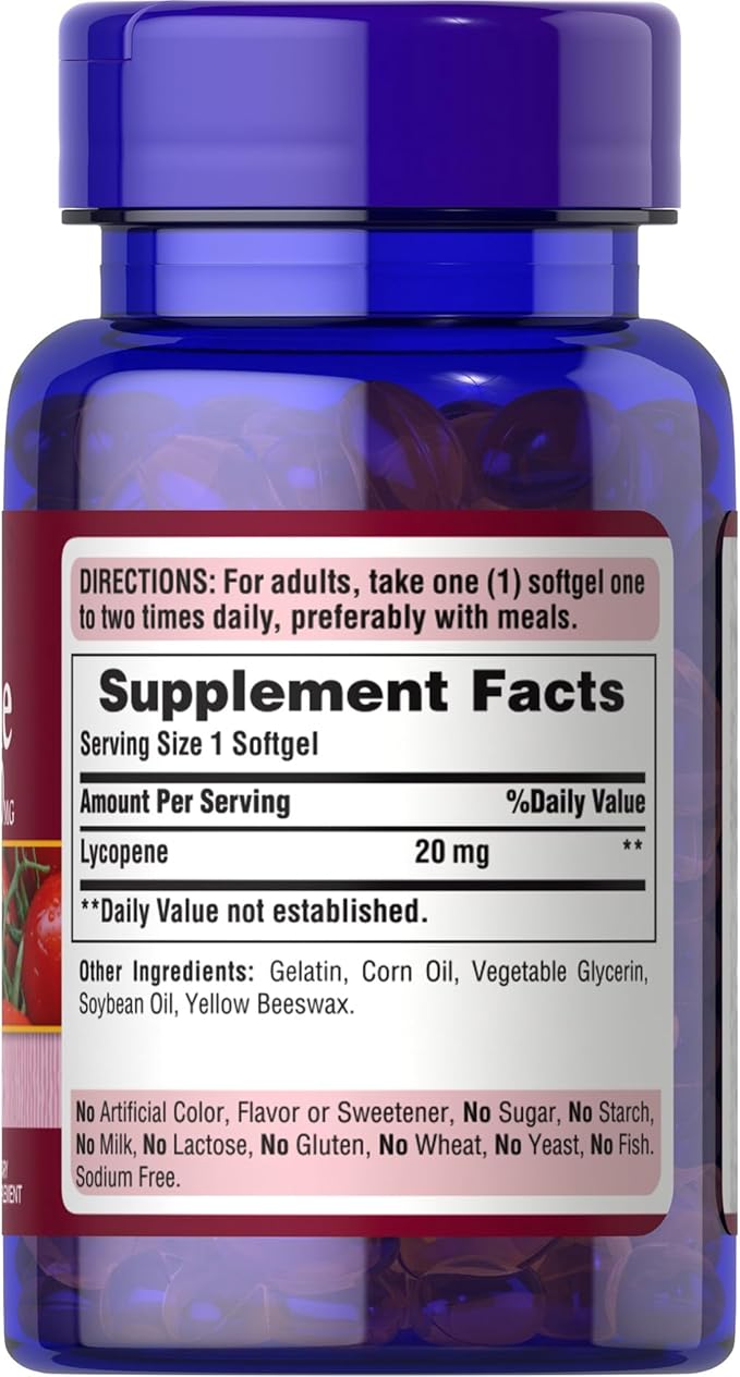 Puritan's Pride Premium Lycopene 20mg, Dietary Supplement for Prostate, Antioxidant, Heart Health, and Overall Health Support, 1 Month Supply, 60 Rapid Release Softgels