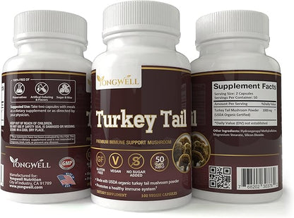 Turkey Tail Mushroom, Natural Immune Support, Wellness, & Vitality | Vegan, Gluten Free (100 Veggie Capsules / 50 Days Supply)
