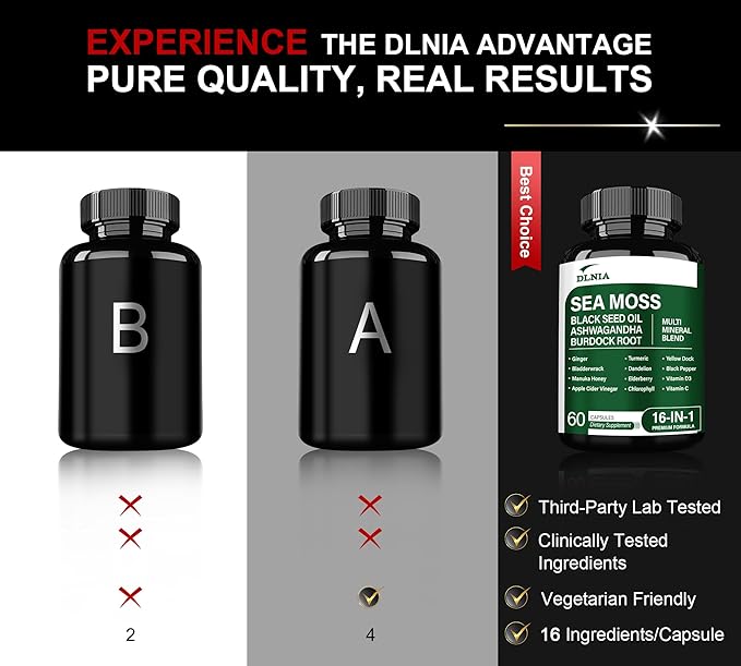 16-in-1 Organic Sea Moss, Ashwagandha, Black Seed Oil, Turmeric, Bladderwrack Burdock, Vitamin C & D3 with Elderberry Manuka Dandelion Yellow Dock