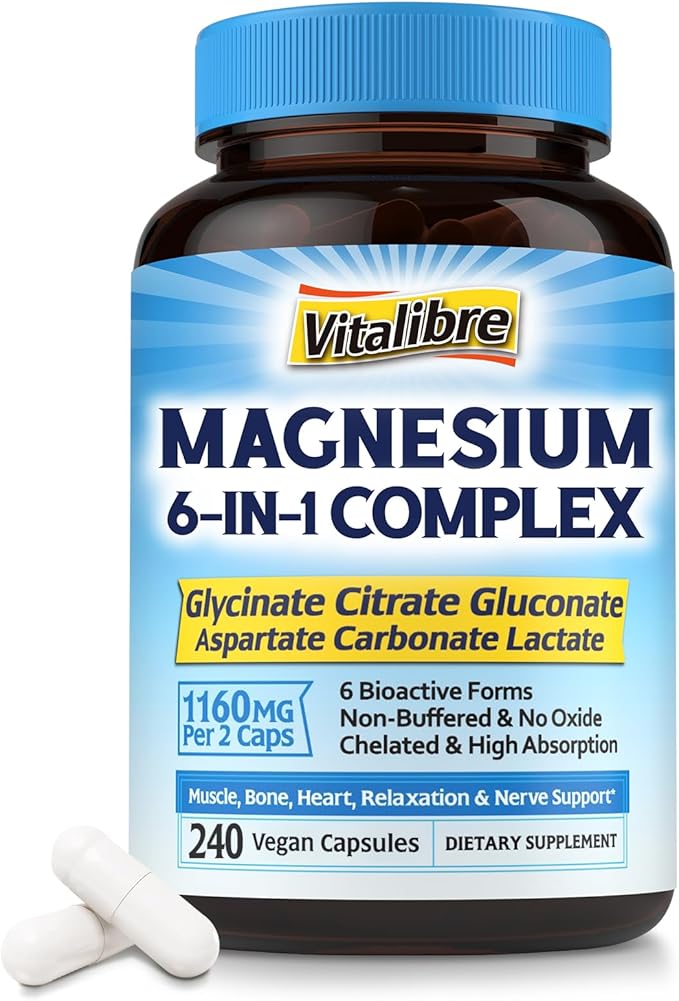 Magnesium Complex Supplement 6 in 1, 1160mg Chelated Magnesium Glycinate, Citrate, Aspartate, Gluconate, Carbonate & Lactate for Sleep, Calm & Muscle, No Oxide