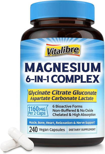 Magnesium Complex Supplement 6 in 1, 1160mg Chelated Magnesium Glycinate, Citrate, Aspartate, Gluconate, Carbonate & Lactate for Sleep, Calm & Muscle, No Oxide