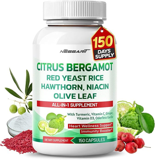 Citrus Bergamot Supplement - 15-in-1 Natural Blend with Red Yeast Rice Hawthorn Olive Leaf Odorless Garlic Turmeric Ginger Fenugreek - 150 Count - Made & Tested in The USA