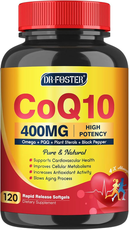 CoQ10 400mg SoftGels COQ10 - CQ10 Coenzyme Q10 Supplement, Plus PQQ, Omega 3, and Vitamin E, for Heart and Cellular Energy, 120 Servings