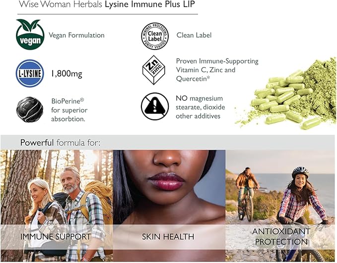 Wise Woman Herbals Lysine Immune Plus Lip - 120 Count Vegetable Capsules - Clinically Proven Lip Health & Support L-Lysine - Bioactive with Zero Harmful Additives