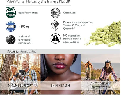 Wise Woman Herbals Lysine Immune Plus Lip - 120 Count Vegetable Capsules - Clinically Proven Lip Health & Support L-Lysine - Bioactive with Zero Harmful Additives