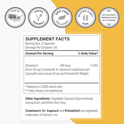 Supersmart - Crominex 3+ 20mg per Day (Patented & High Bioavailability) - Advanced Formula with Polyphenol, Fulvic Acid - Chromium Supplement | Non-GMO & Gluten Free - 120 Vegetarian Capsules