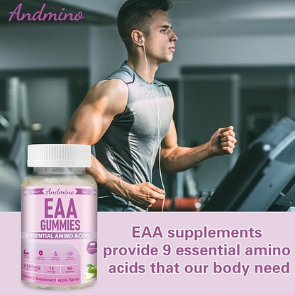 EAA Gummies 7500 mg, BCAA Gummies, Amino Acids Supplement for Muscle, Immune, Nervous & Digestive Health, for Adults & Kids, Non-GMO, Vegan, Gluten Free, Apple Flavor, 120