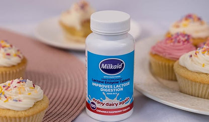 Milkaid Lactase Enzyme Chewable Tablets for Lactose Intolerance Relief | Prevents Gas, Bloating & Diarrhea | Fast Acting Dairy Digestive Supplement (120 Tablets, Raspberry)