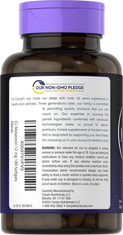 Carlyle Melatonin 12 mg | 180 Softgel Capsules | Adult Extra Strength Support Supplement | Non-GMO, Gluten Free