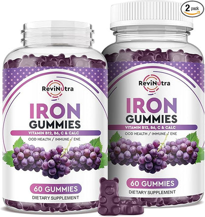 Iron Gummies - with Calcium, Zinc, Folate & Vitamin B12, C, B6 for Adults & Kids - Blood Builder & Energy Support for Iron Deficiency, Anemia, Vegan - 2 Pack Grape Flavour,60 Gummies
