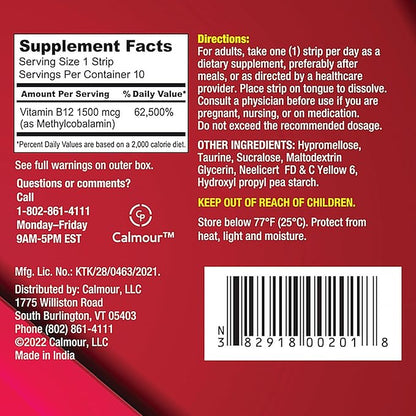 Vitamin B12 Strips 10 Pack | Easy Oral Dissolvable Mint Flavored Strips | 1500 mcg Strips | VIT B12 Dissolve Under Tongue | Methylcobalamin B-12 Vitamin Formula | Vegan Friendly & Gluten Free