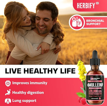 HERBIFY Mullein Drops - Lung Cleanse - Leaf Extract - Powerful Mullein for Immune Support, Detox & Respiratory Support - Made in USA - 4 Oz Raspberry Flavor
