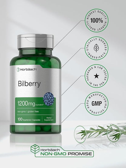 Horbäach Bilberry Fruit Extract 1200mg | 100 Capsules | Vegetarian, Non-GMO, Gluten Free Supplement