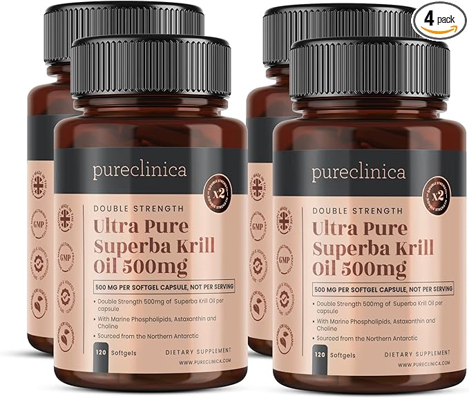 Ultra Pure Krill Oil 500mg x 480 Capsules (4 Bottles) - Sourced in The Unpolluted Waters of Antarctic Providing a Rich Supply of Astaxanthin and Omega 3