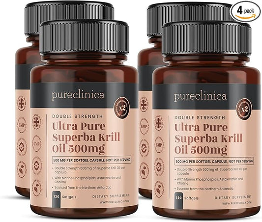 Ultra Pure Krill Oil 500mg x 480 Capsules (4 Bottles) - Sourced in The Unpolluted Waters of Antarctic Providing a Rich Supply of Astaxanthin and Omega 3