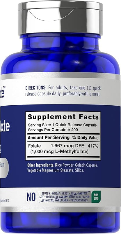Carlyle L Methylfolate 1000mcg | 200 Capsules | Value Size | Optimized and Activated | Non-GMO, Gluten Free | Methyl Folate, 5-MTHF | by Opti-Folate