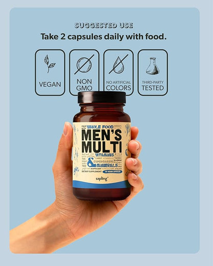 Multivitamin for Men - Daily Men’s Multivitamin - Methylated B Complex with Whole Food Ingredients, Vitamin B12, Folate, A, C, D3, E, K2, Organic Fruits & Vegetables - Vegan, Non-GMO - 60 Caps