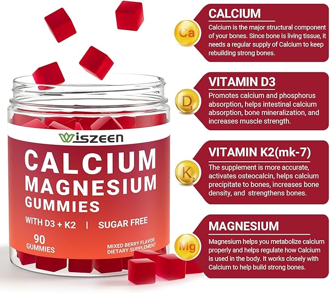 Calcium with Vitamin D3 K2 Gummies, Sugar Free Calcium Supplement for Women & Men, Chewable Calcium Citrate with Magnesium, Zinc for Bone, Muscle & Immune Support