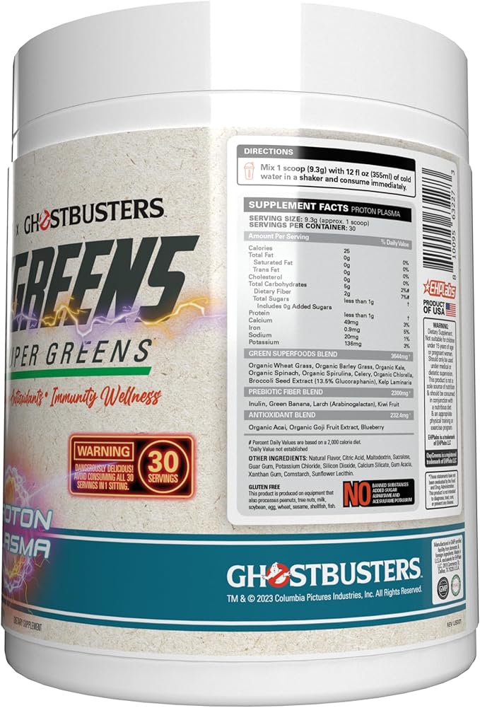 EHP Labs x Ghostbusters OxyGreens Super Greens Powder - Spirulina & Chlorella Superfood, Green Juice Powder with Prebiotic Fibre, Antioxidants & Immunity Support, 30 Serves (Proton Plasma)