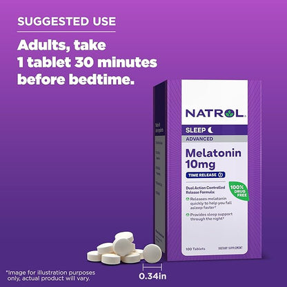 Natrol Advanced Sleep Melatonin 10mg, Dietary Supplement for Restful Sleep, Time Release Melatonin Tablets, 100 Time-Release Tablets, 100 Day Supply (Pack of 12)