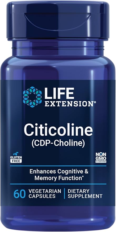 Life Extension Citicoline (CDP-Choline) - Citicoline Supplement for Brain & Cognitive Health, Focus, Attention, Memory Function - Non-GMO, Gluten Free, Vegetarian - 60 Capsules