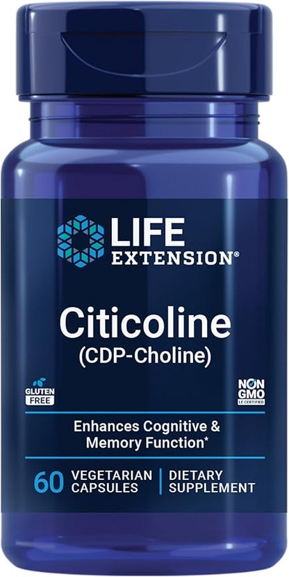 Life Extension Citicoline (CDP-Choline) - Citicoline Supplement for Brain & Cognitive Health, Focus, Attention, Memory Function - Non-GMO, Gluten Free, Vegetarian - 60 Capsules