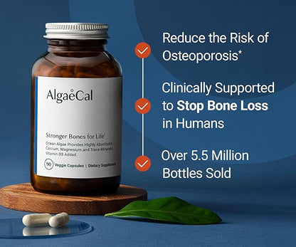 ALGAECAL- Plant Based Calcium Supplement with Vitamin D3 (1000 IU) for Bone Strength, Contains 13 Minerals Supporting Bone Health, Organic Calcium (750 mg) for Women & Men, 90 Veggie Caps, Made in USA
