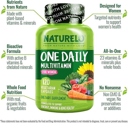 NATURELO One Daily Multivitamin for Women - Energy Support - Whole Food Supplement to Nourish Hair, Skin, Nails - Non-GMO - No Soy - Gluten Free - 120 Capsules - 4 Month Supply