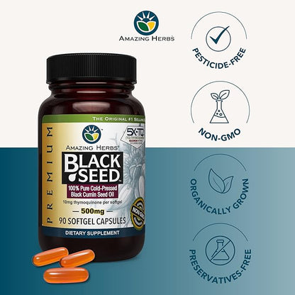 Amazing Herbs Premium Black Seed Oil Capsules - Cold Pressed Nigella Sativa Aids in Digestive Health, Immune Support, Brain Function, Gluten Free, Non GMO - 90 Count, 500mg