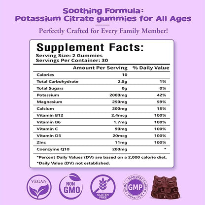 2 Pack Potassium Citrate Gummies, Potassium Supplement for Muscle Health, Leg Cramp Relief & Electrolyte Balance, Vegan, Non-GMO, Gluten-Free, Blueberry Flavor, 120 Count