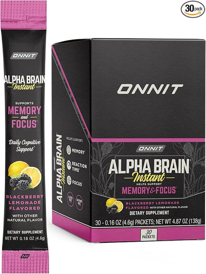 ONNIT Alpha Brain Instant Cognitive Support Drink Mix, BlackBerry Lemonade Flavor, Nootropic Supplement for Focus, Memory, and Clarity, 0.13 oz Packets, 30 Count
