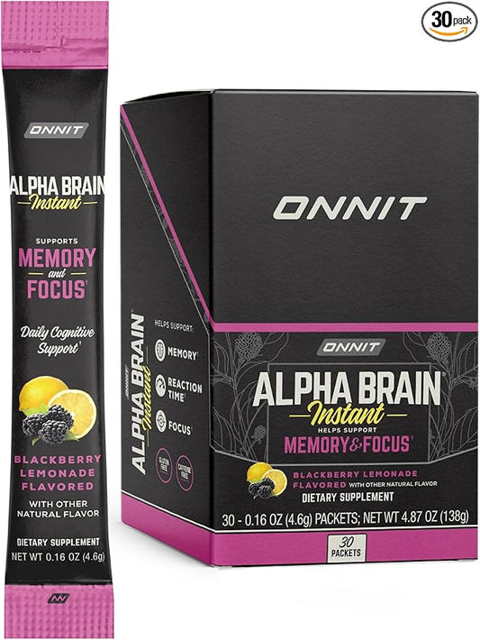 ONNIT Alpha Brain Instant Cognitive Support Drink Mix, BlackBerry Lemonade Flavor, Nootropic Supplement for Focus, Memory, and Clarity, 0.13 oz Packets, 30 Count