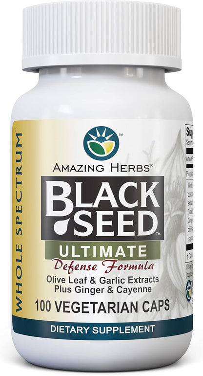 Amazing Herbs Whole Spectrum Black Seed Ultimate, Vegetarian Capsules - Olive Leaf & Garlic Extracts Plus Ginger & Cayenne, Gluten Free, Non GMO, Vegan - 100 Count