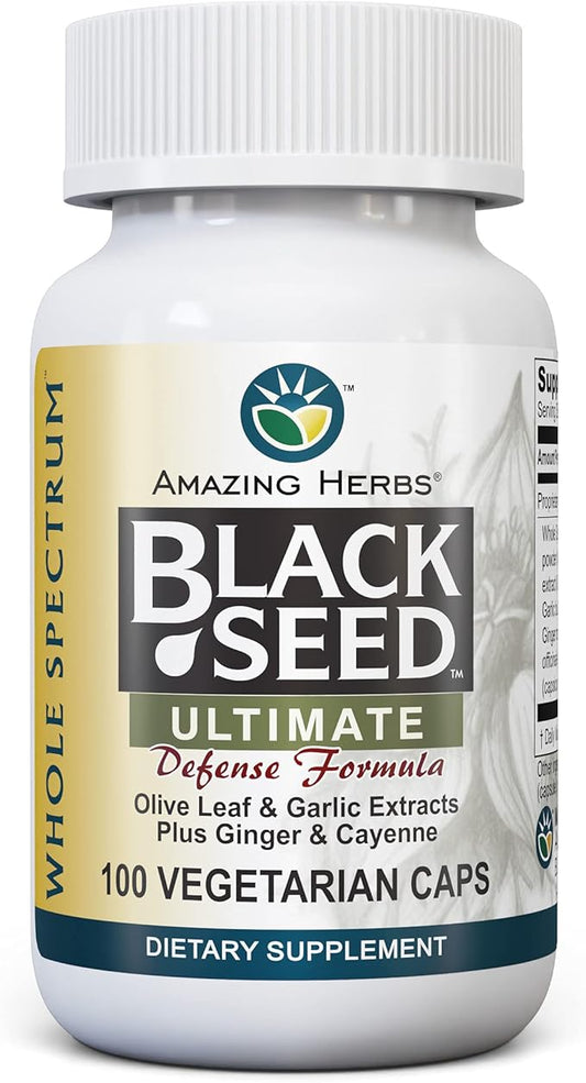 Amazing Herbs Whole Spectrum Black Seed Ultimate, Vegetarian Capsules - Olive Leaf & Garlic Extracts Plus Ginger & Cayenne, Gluten Free, Non GMO, Vegan - 100 Count