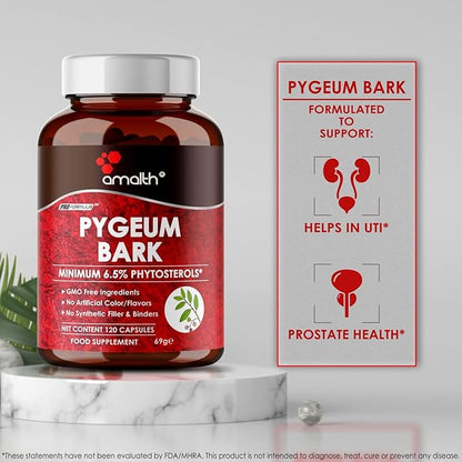 Amalth Pygeum Bark Extract Powder Higher Potency (6.5% phytosterols) Supports Urinary Tract & Prostate Health Men Herbal Supplements 120 Capsules (Non –GMO)