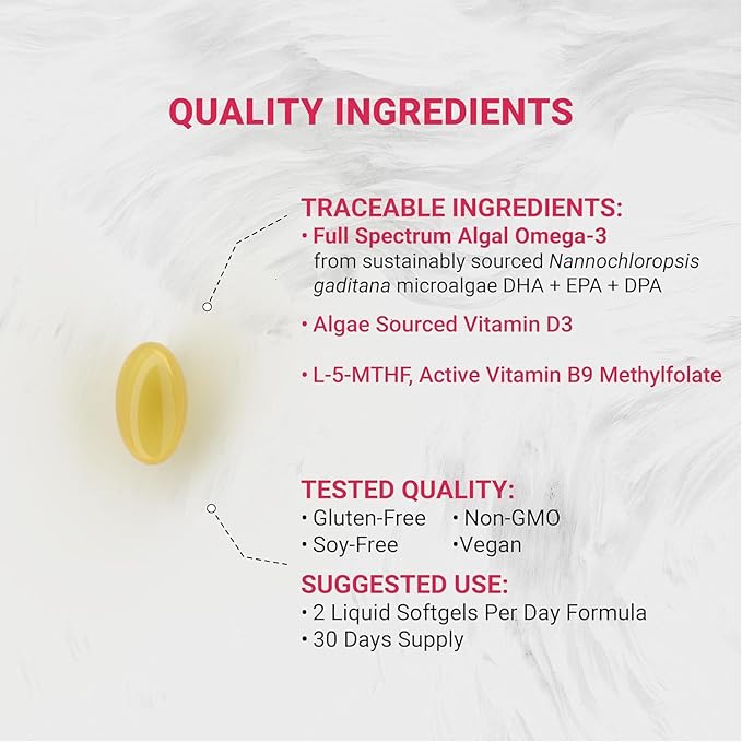 Vegan Prenatal with Full Specrum Omega-3 | Algae DHA, EPA, DPA, Vitamin D3 & Active Folic L 5-MTHF | Vegan Society Certified, Sustainably Sourced, Non-GMO & Soy Free | 120 Veggie Softgels