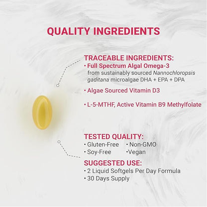 Vegan Prenatal with Full Specrum Omega-3 | Algae DHA, EPA, DPA, Vitamin D3 & Active Folic L 5-MTHF | Vegan Society Certified, Sustainably Sourced, Non-GMO & Soy Free | 120 Veggie Softgels
