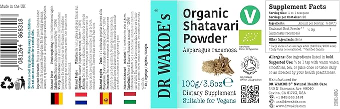 DR WAKDE'S Organic Shatavari Powder (Asparagus racemosa) - 100g (3.5oz) | Pure, Raw & Dried Powder | Ayurvedic Herb | Vegan | Nothing Added, Nothing Removed | Same Day Dispatch