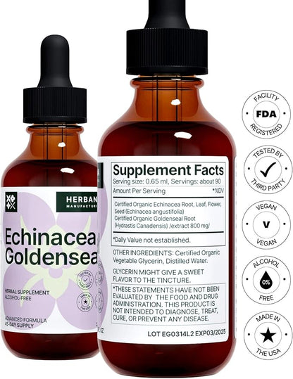Echinacea and Goldenseal 2 fl oz Liquid Extract - Natural Herbal Supplement - Immune Support Drops - Enhance Sleep | Boost Energy - High Potency - 45-Day Supply