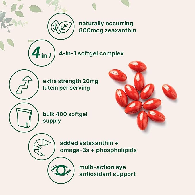 Micro Ingredients Lutein & Zeaxanthin 20mg Softgels, 400 Count, with Astaxanthin, Omega-3s, & Phospholipids | Eye + Vision Health Vitamins | Third Party Tested, Non-GMO, Gluten Free