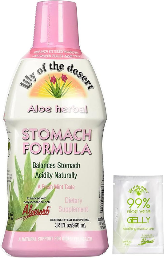Lily Of The Desert Stomach Formula, Organic Aloe Vera Juice with Slippery Elm, Chamomile, Peppermint, and Ginger for Gut Health, Acid Reflux, Heartburn Relief, 32 Oz