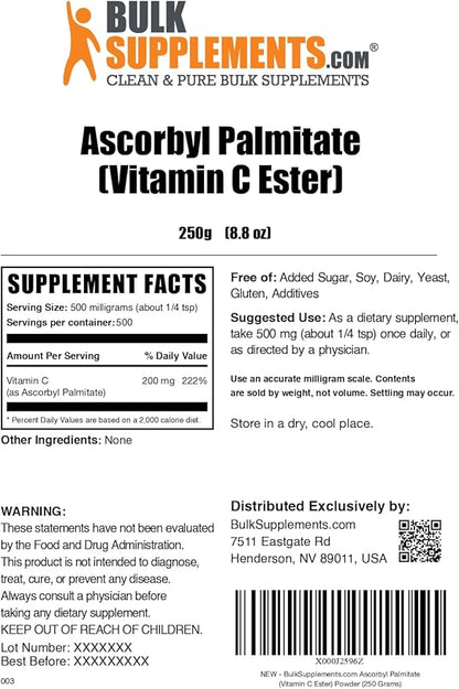 BulkSupplements.com Ascorbyl Palmitate Powder - Vitamin C Ester, Ascorbyl Palmitate 500mg - Vitamin C Supplement, Gluten Free, 500mg per Serving, 250g (8.8 oz) (Pack of 1)