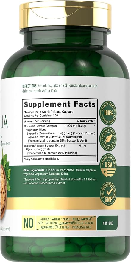 Carlyle Boswellia Extract Capsules 1200mg | 250 Count | Boswellia Serrata Complex with Black Pepper Extract | Non-GMO, Gluten Free Supplement