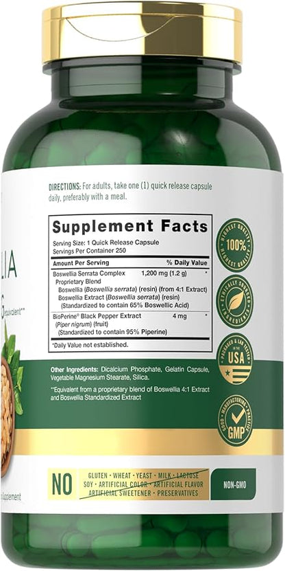 Carlyle Boswellia Extract Capsules 1200mg | 250 Count | Boswellia Serrata Complex with Black Pepper Extract | Non-GMO, Gluten Free Supplement