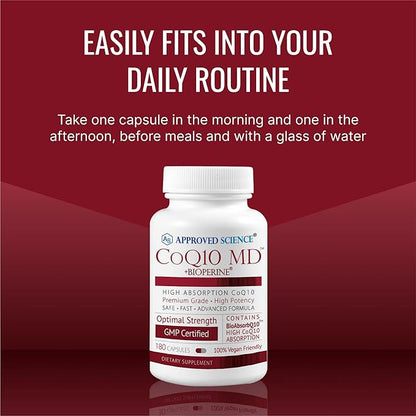 Approved Science® CoQ10 MD - Extra Strength 250mg Pure CoQ10 with Bioperine® for Faster Absorption - Optimal Support - 3 Month Supply