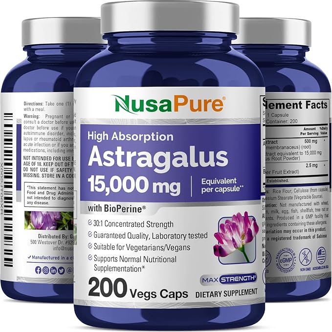 NusaPure Astragalus 15,000mg per Caps 200 Veggie Capsules (Vegetarian, Non-GMO, Vegan)