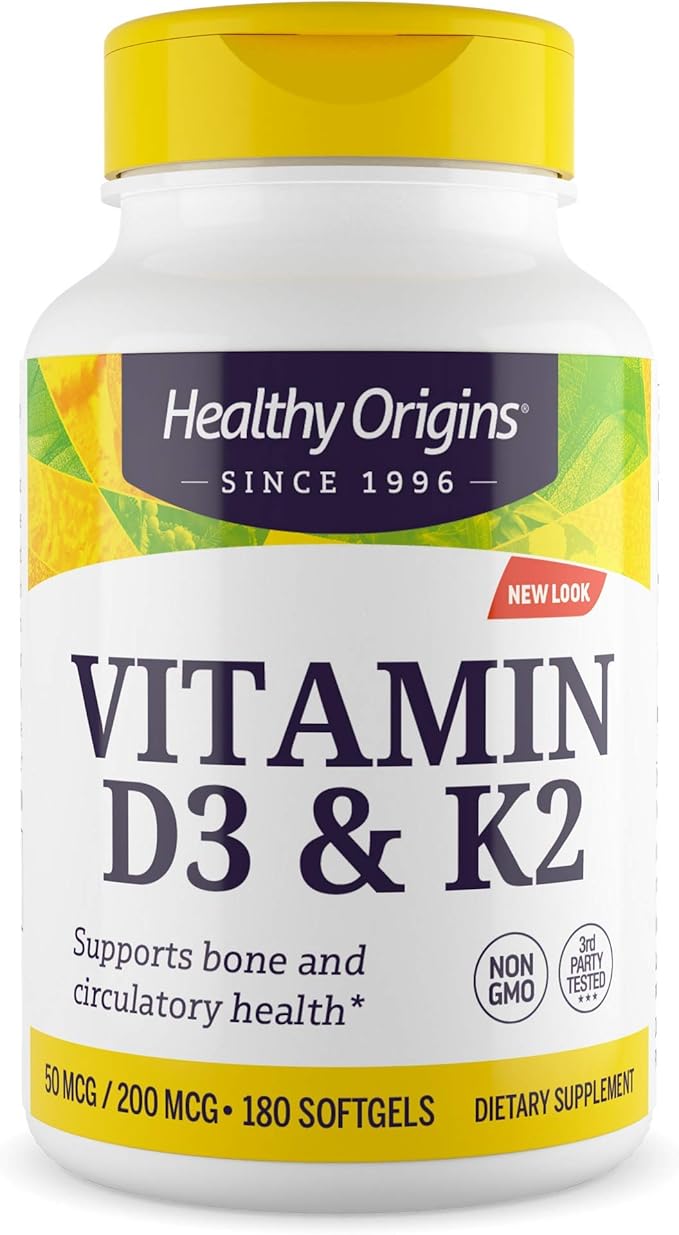 Healthy Origins Vitamin D3 & K2 - Vitamin D3, 50 mcg - Vitamin K2, 200 mcg - Easily Absorbable Vitamin D & Vitamin K Supplements - Non-GMO & Gluten-Free Supplements - 180 Softgels