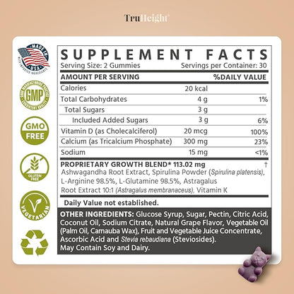 TruHeight Growth Gummies (Grape) Natural Growth & Development Supplement for Kids & Teens - Vitamin D, K, Calcium & Ashwaganda - Bone Strength Vitamins - Picky Eater Vitamin for Kids - Ages 5+