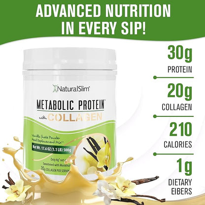 NaturalSlim Metabolic Protein Powder with Collagen Vanilla - Hydrolyzed Collagen Protein Powder for Hair, Skin, Bone, Joint, and Metabolism - Low Carb Meal Replacement Shake Mix - 17.6 oz