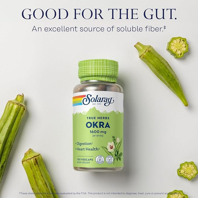 SOLARAY Okra Fruit 1600 mg - High Fiber Supplement for Wellness Support - Rich Source of Soluble Fiber - Equivalent of 6.4 g Fresh Okra per Serving, Vegan, 60-Day Guarantee - 25 Servings, 100 VegCaps